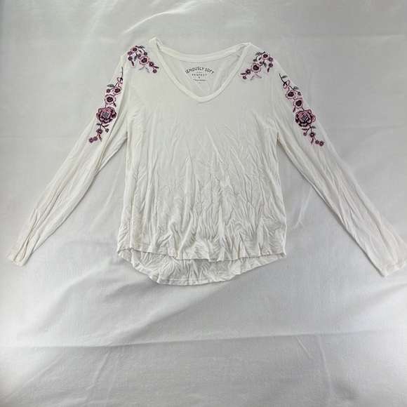 Aeropostale Soft V Long Sleeve Shirt Blouse Embroidered Floral White Juniors L - Picture 3 of 9